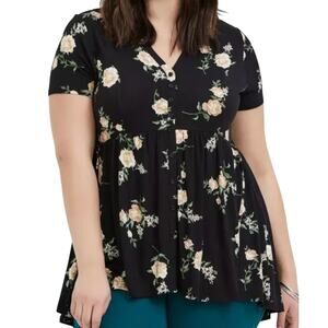 Torrid Babydoll Super Soft Button Bodice Hi-Lo Hem Womens Floral Top Size 1X